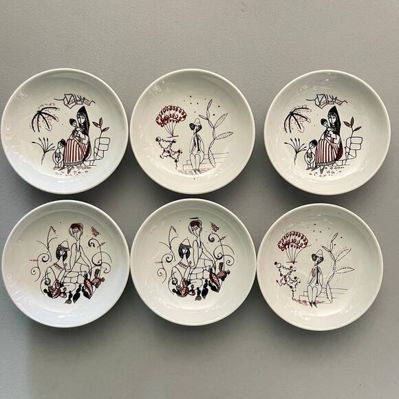 NAAMAN Israel Vintage Israeli Folklore Fine Porcelain Set of 6 Small Plates 4" - Picture 1 of 6
